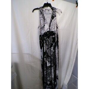 New York & Company Women's L Black White V Neck Beaded Waist Maxi Dress